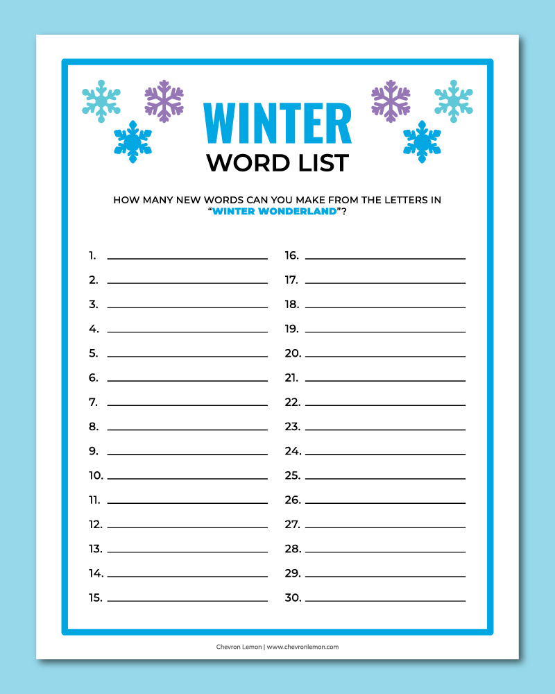 printable winter word list - chevron lemon